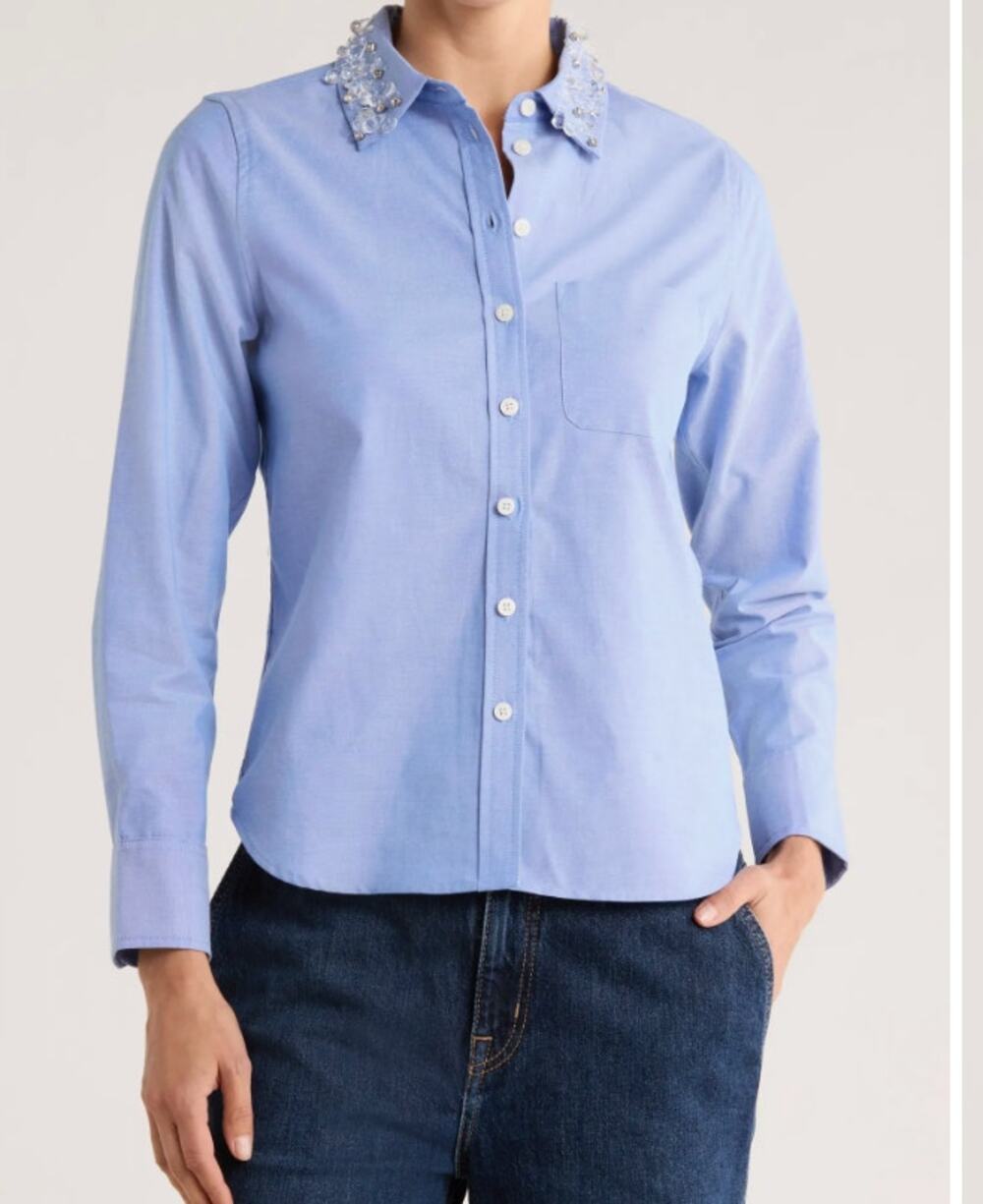 Jason Wu Light Blue Embellished Collar Button Up Shirt NEW Small- Glam, Preppy